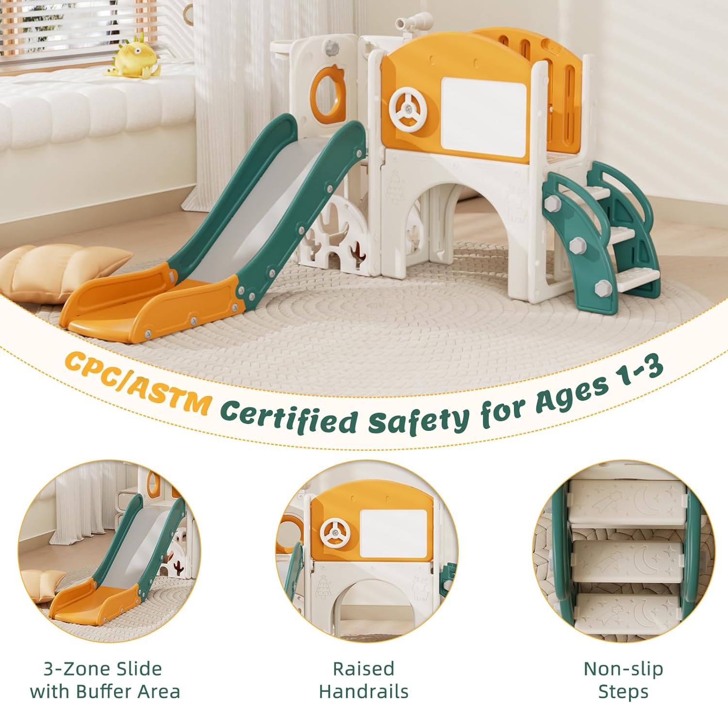 67i Indoor Toddler Slide with Drawing Board, Golf Set, Basketball Hoop - Kids Playground for 1-3 Year Olds, Non-Slip Steps & Storage Space (Green Yellow)