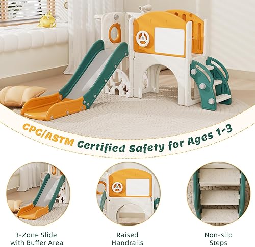 Miniatura 5 de 67i Tobogán infantil para interiores con tabla de dibujo, juego de golf, aro de baloncesto, parque infantil para niños de 1 a 3 años, pasos