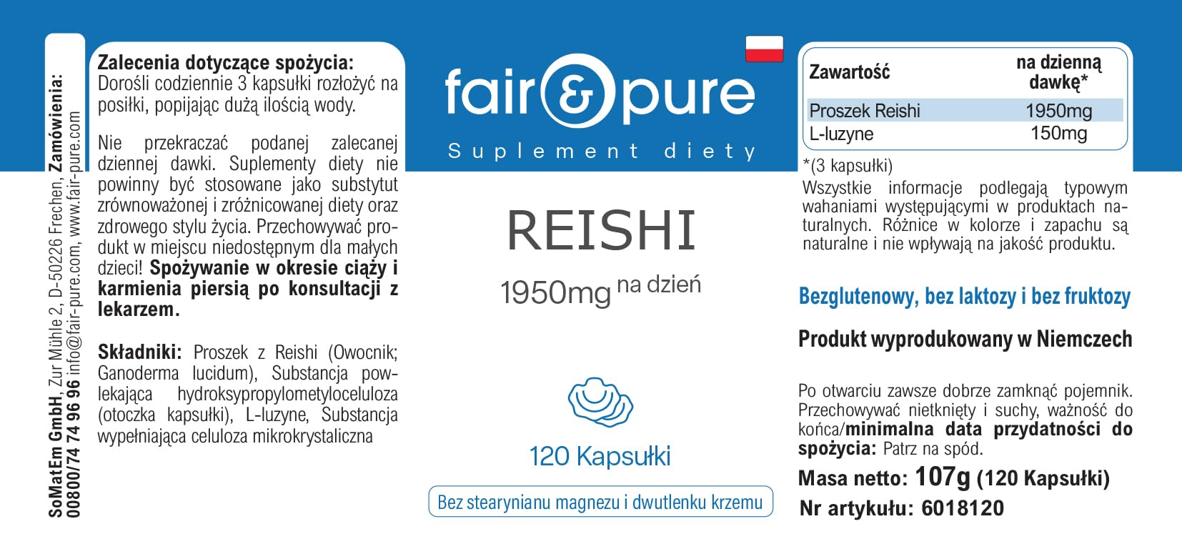 Fair & Pure® - Capsule di Reishi 1950 mg - 120 capsule - Ganoderma lucidum - Fungo medicinale - Altamente dosato - Vegano