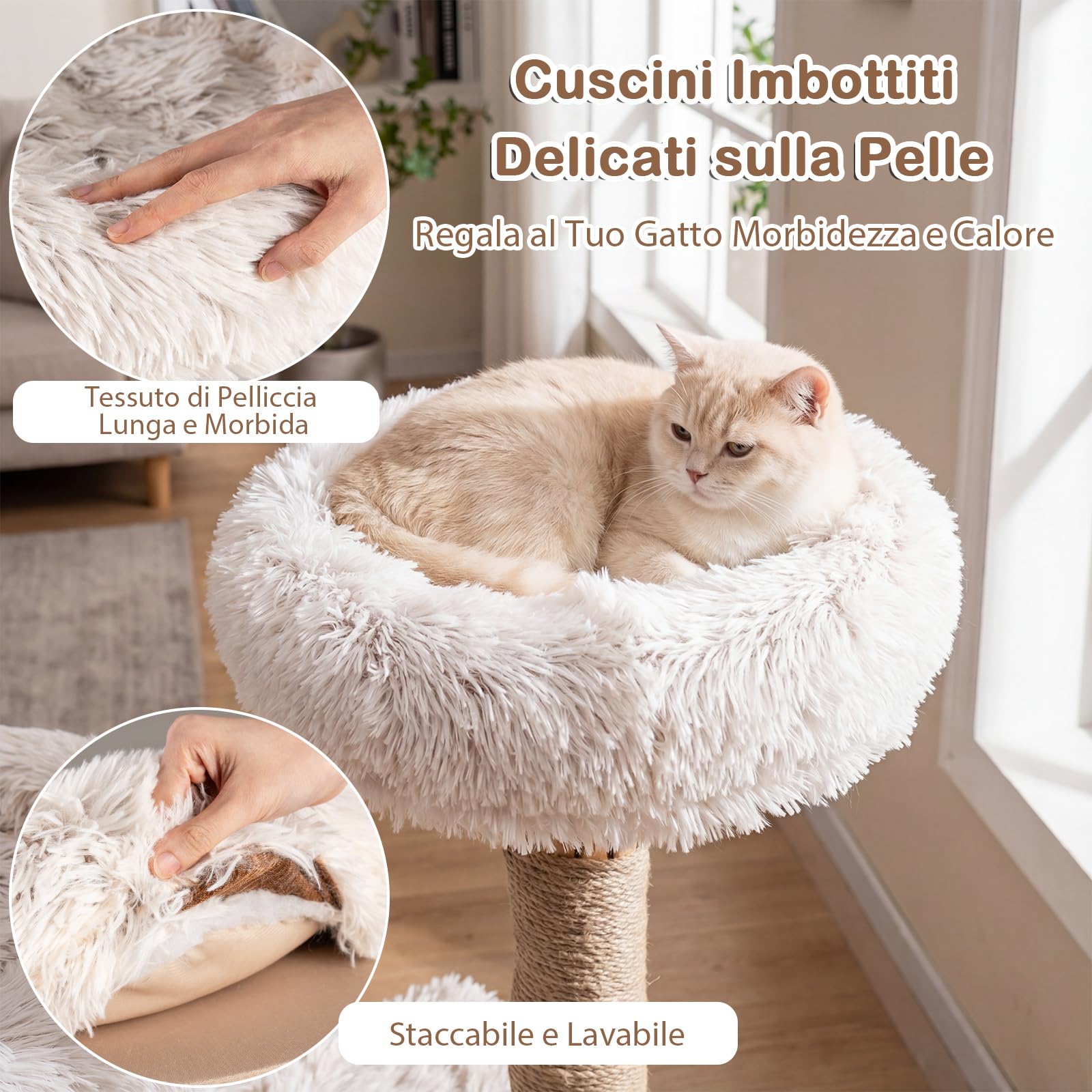 COSTWAY Albero per Gatti Alto 101 cm con Rami Naturali in Legno Massiccio | Tiragraffi per Gatti con 2 Punti d’Appoggio Imbottiti, Tappetino e Cuscini in Peluche Rimovibili