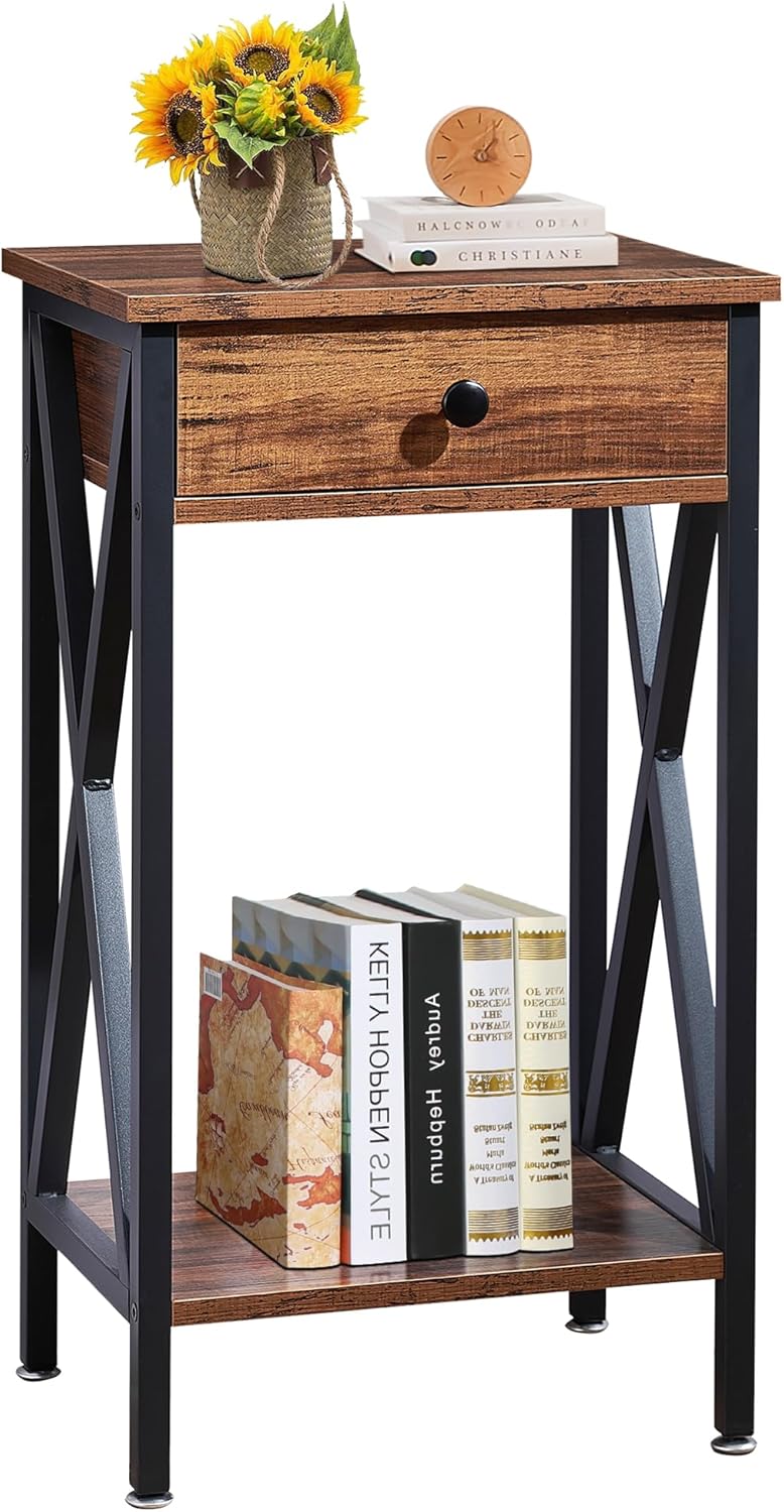VECELO Tall End Side Tables,27 Inch Night Stand with Drawer for Living Room Bedroom,Small Spaces,1 Set