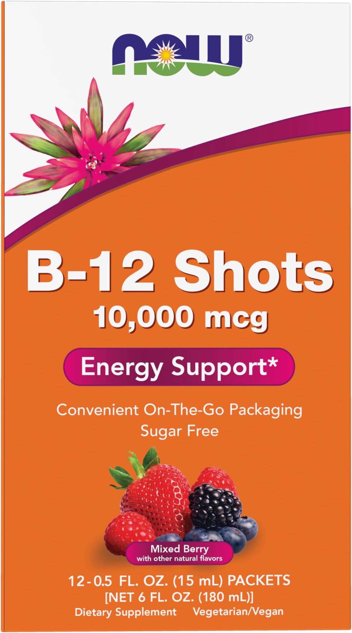 NOW Foods B-12 10,000mcg Shots 0.5 ounce 12 Count Box Mixed Berry