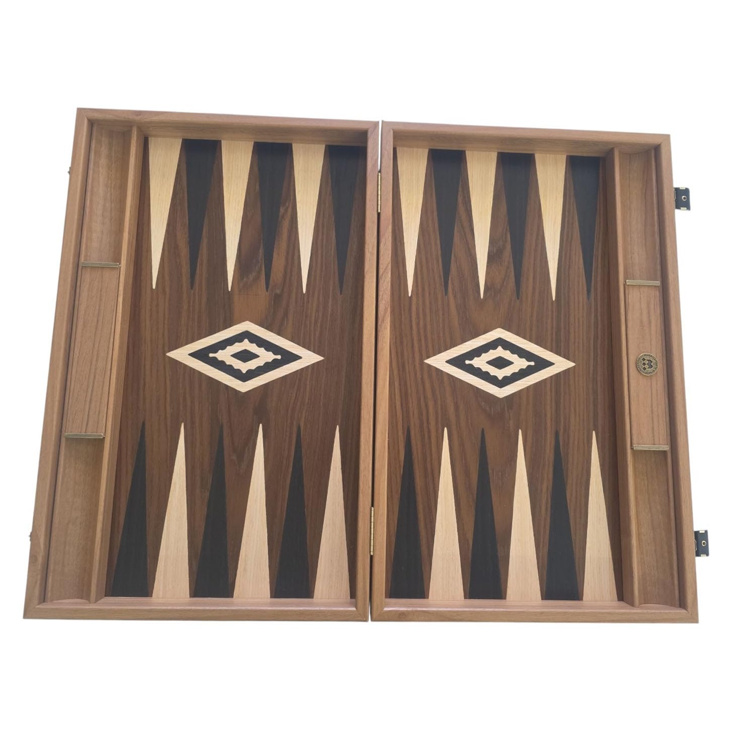Set da backgammon in noce americano realizzato a mano con ripiani laterali, elegante design intarsiato