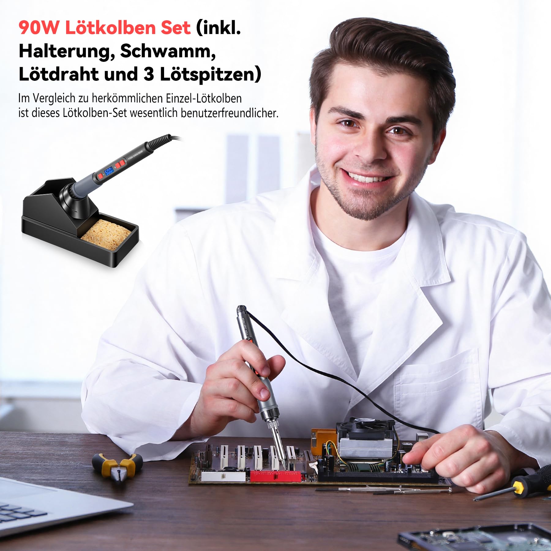 Saldatore 90W Alta Efficienza con Regolazione Temperatura LCD 180-500℃, Kit con 3 Punte, Filo di Stagno, Supporto, Nero