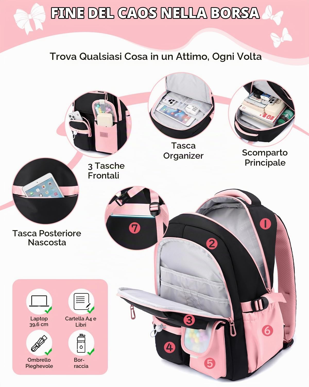 Amythe Zaino per Ragazze Scuola Elementare e Media - Zaino Scuola Grande 30L per Porta PC 15.6", Zaini Casual Impermeabile per Adolescenti 10-18 Anni - Adatto a Carrelli -Rosa