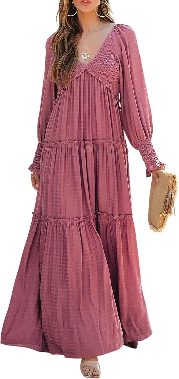 Flowy boho dress with long sleeves and ruffled layers