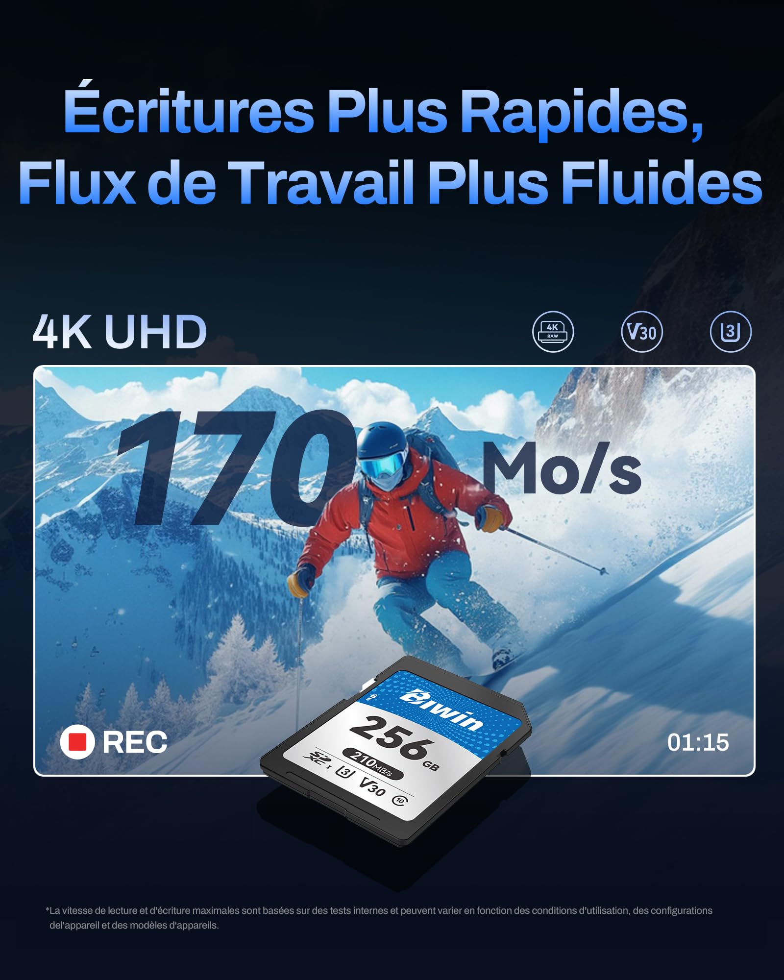 Carte SD Biwin SD210, 256 Go, SDXC V30 UHS-I, Classe 10, jusqu'à 210 Mo/s en Lecture. Robuste, Compatible 4K UHD. Idéale pour créateurs.