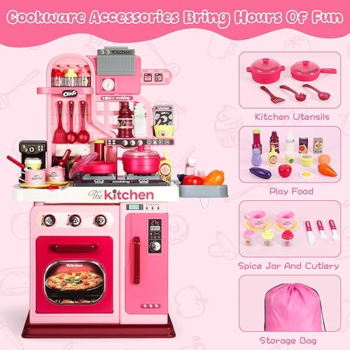 Miniatura 6 de Juego de cocina para niños, cocina de juego de 27.1 pulgadas con sonido y luz, juego de cocina para niños pequeños de 1-3, 3-5, estufa de cocina,