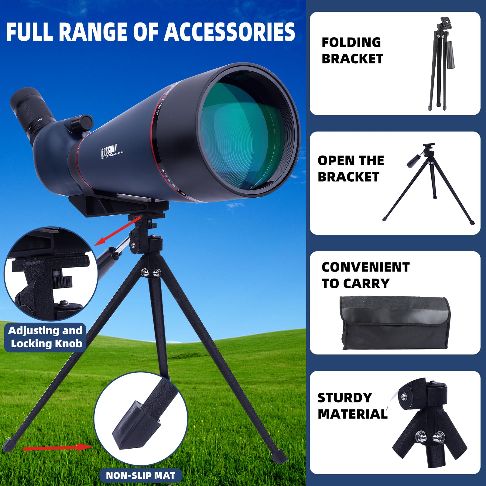 Cannocchiale 25-75x100 con Treppiede, Adattatore per Telefono e Borsa per il Trasporto, BAK4 Cannocchiale Professionale per Caccia, Tiro a Segno, Birdwatchingr il trasporto, per il tiro al bersaglio