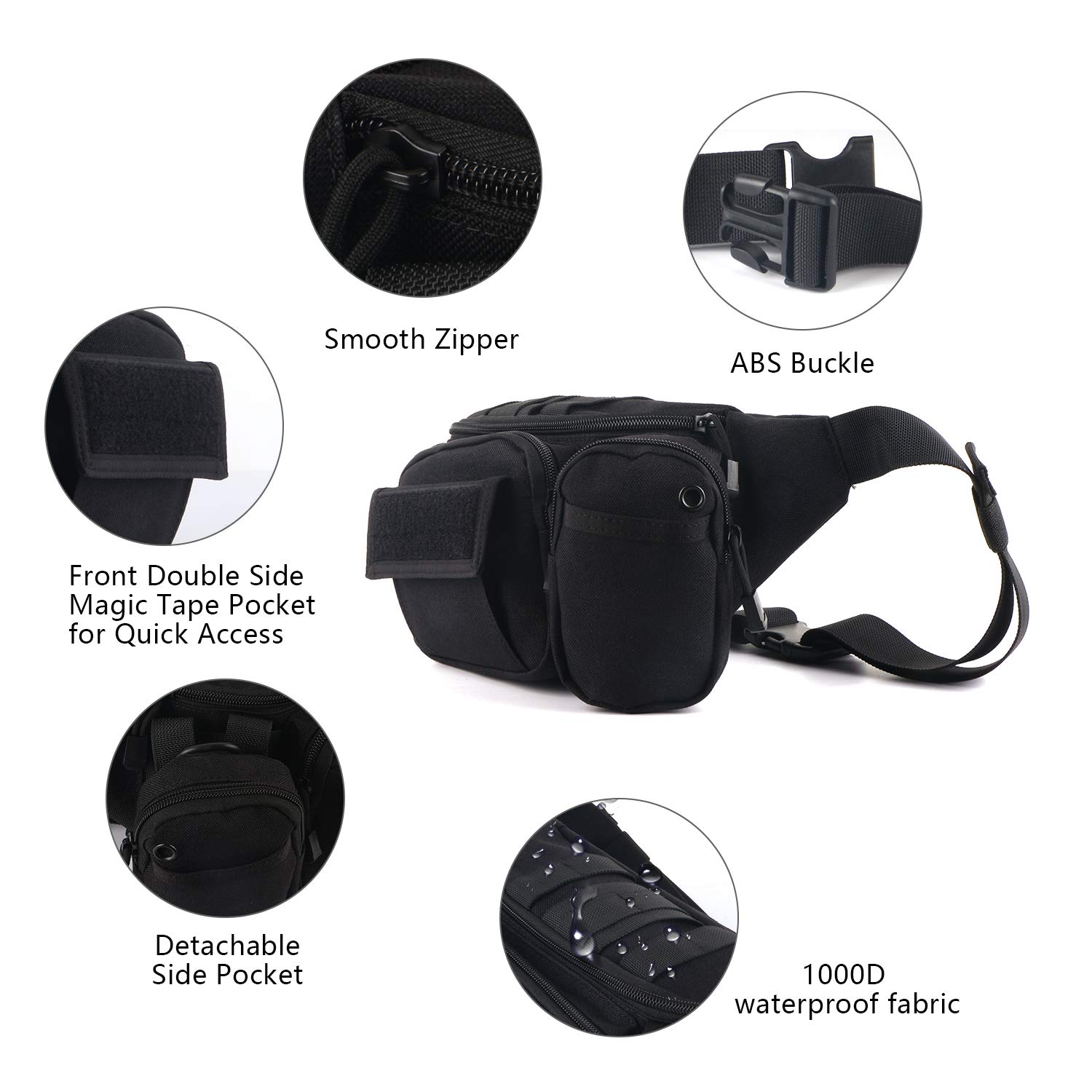 Sac de Taille Tactical Fanny Packs 9 Poches zippées Ceinture réglable Sport Bum Bag Femmes et Hommes pour la randonnée, Le vélo, la pêche, la Chasse