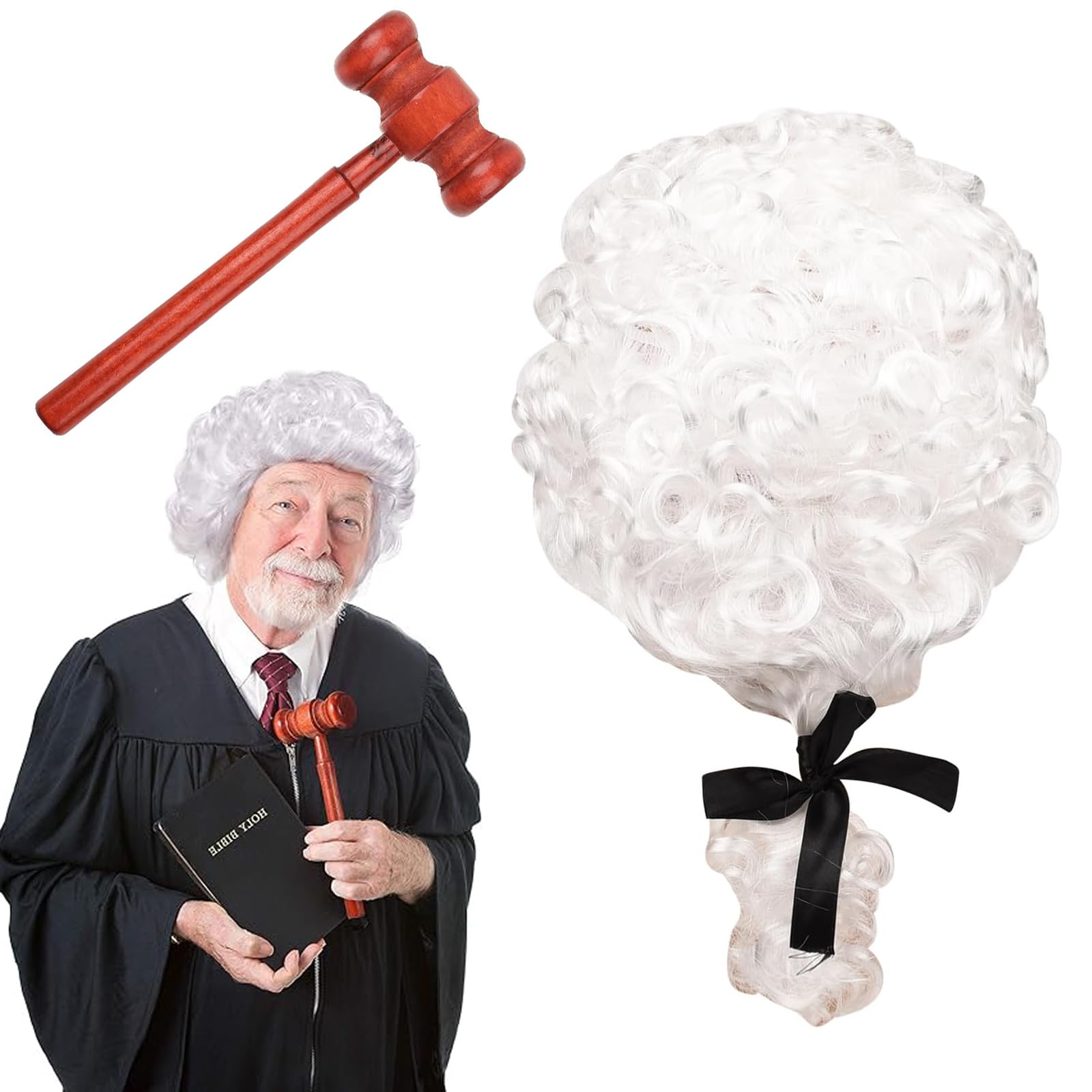 2 Pcs Judge costume accessories Judge Wig Mini Wooden Judge Gavel Toy Judge Court Lawyer Wig Headwear Party Costume Accessories for Cosplay Role-playing Halloween Costume Accessories Theme Party