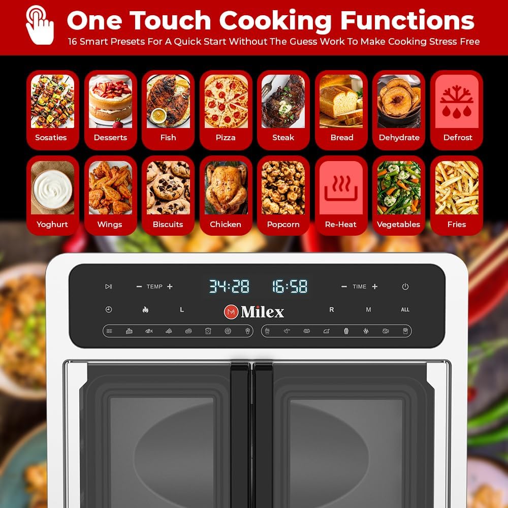 Milex 24L Deluxe Rotisserie Air Fryer control panel with 16 smart presets