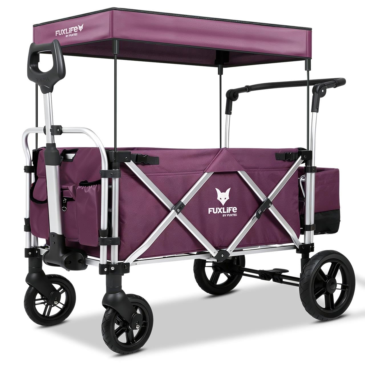 FUXLIFE FX-CTL900 Premium Folding Wagon for Kids – Foldable Handcart with Sun Canopy, Padded Interior, 5-Point Safety Harnesses, Suspension Wheels & Cool Bag – Purple