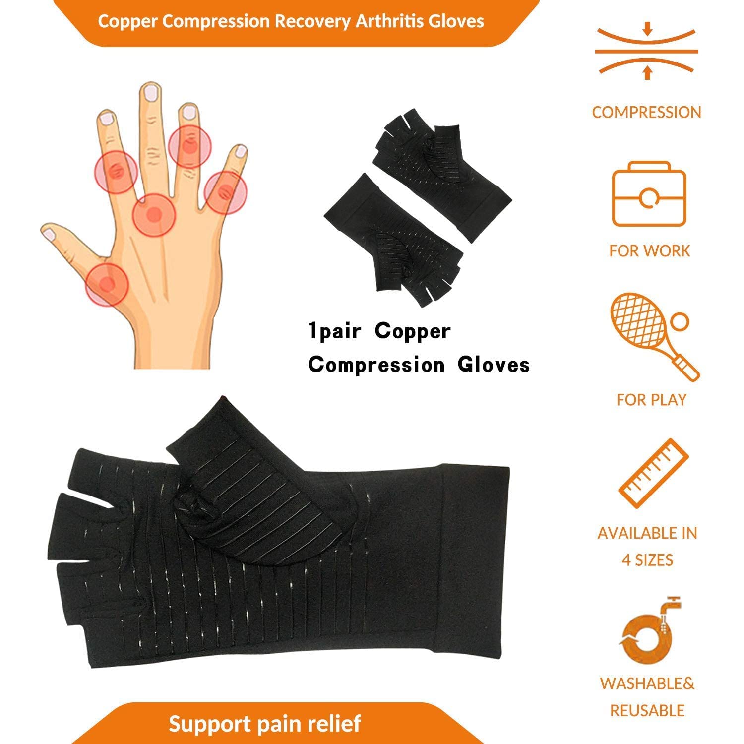 LingFei Copper Compression Arthritis Gloves | Fingerless Arthritis Carpal Tunnel Pain Relief Gloves For Men & Women | Hand Support Wrist Brace For Rheumatoid, Tendonitis, Swelling, Crocheting, Typing