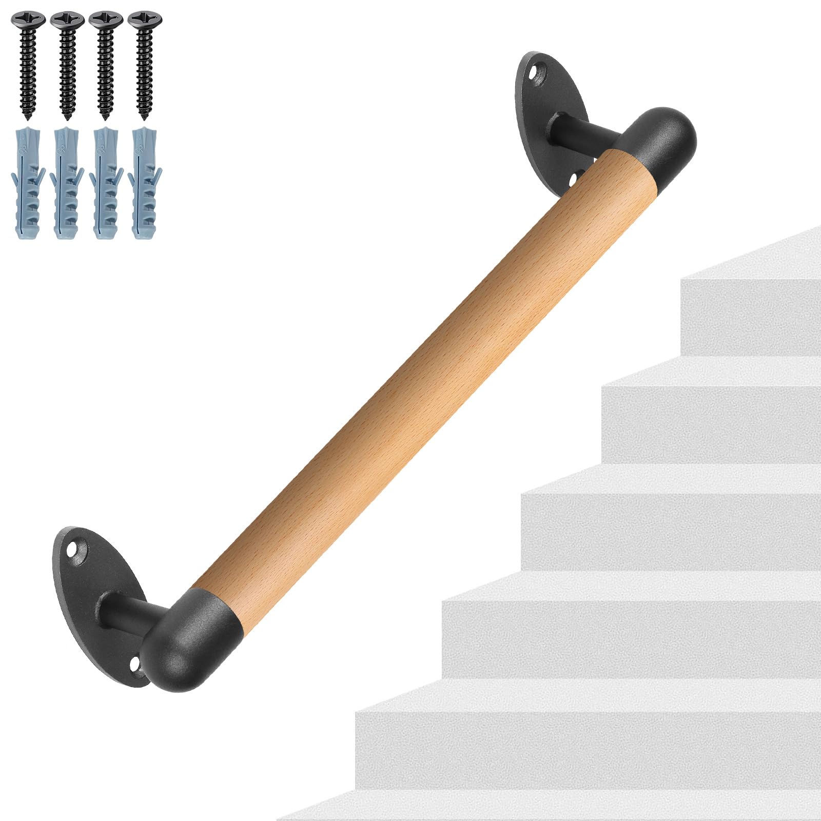 Insaga Wooden Handrail for Stairs 41cm Staircase Railing Wall Mounted Bannister Hand Rail Round Non-Slip Handle Grab Bar Indoor Outdoor Barrier-Free Safety Grip with Fittings for Elderly Disabled