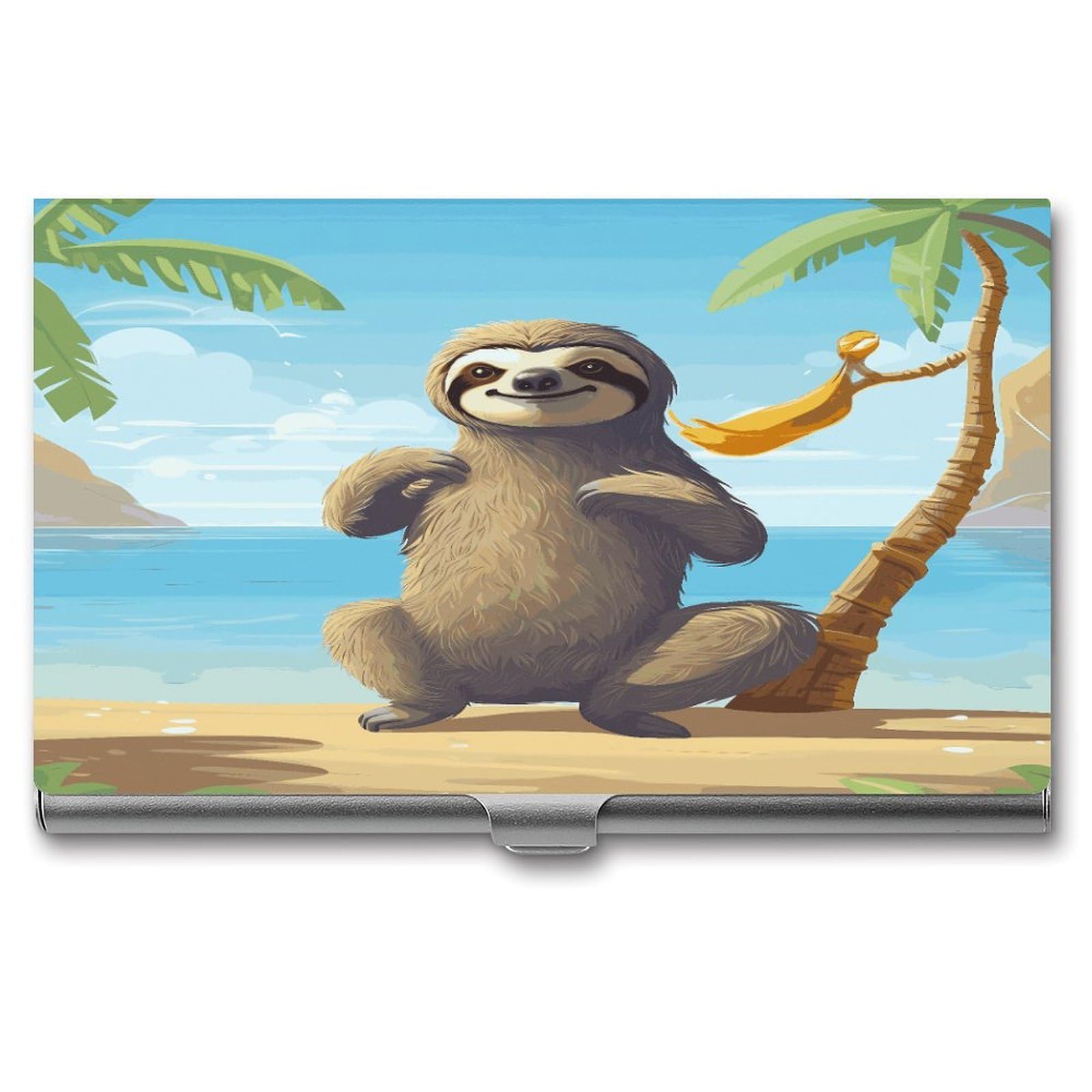 LDGSUPH Sloth on Beach Business Card Holder Fashion Slim Name Card Holder Minimalist Design Case Metal Card Carrier Personalized Business Card Case with Flip for Men Women