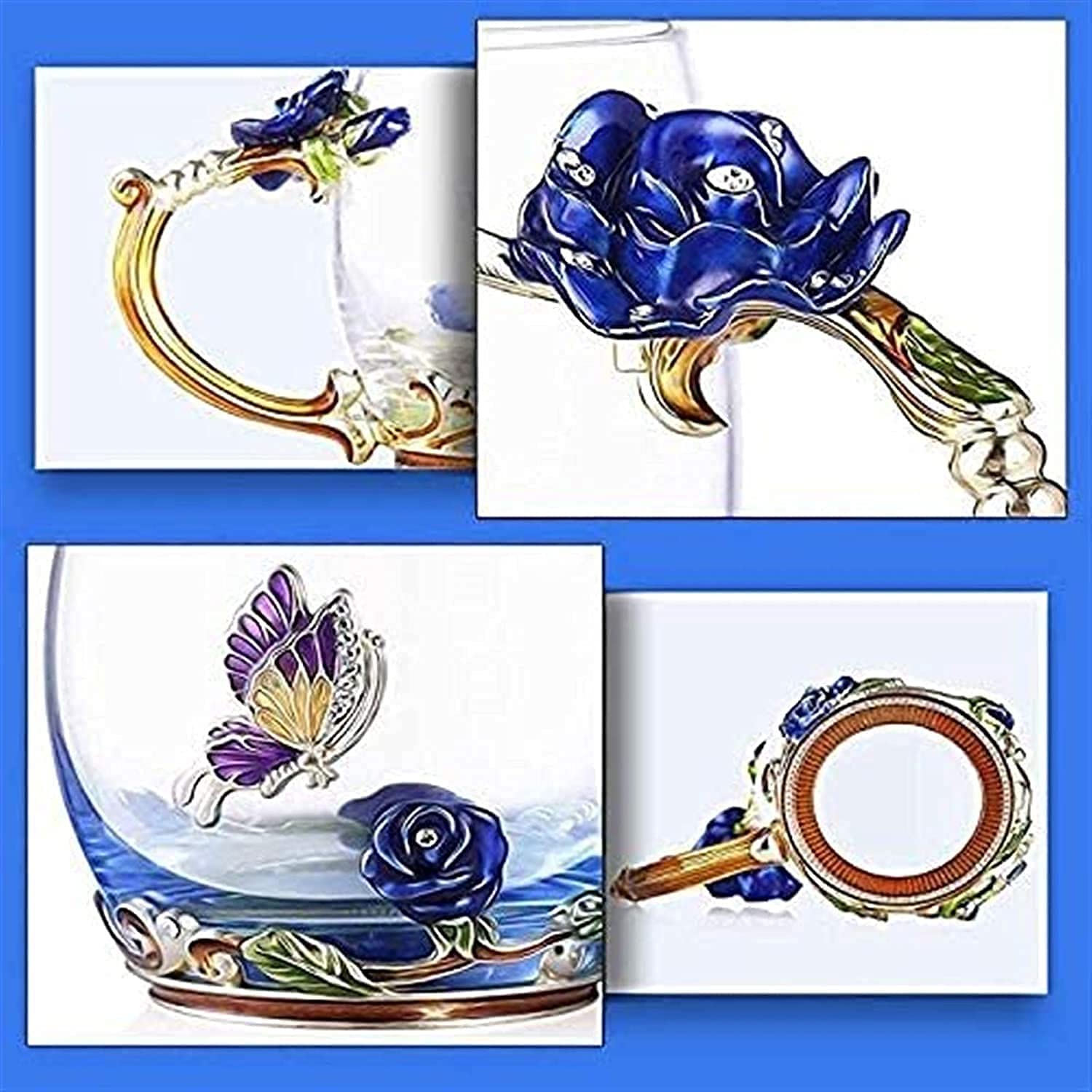 Teetassen, Emaillierte Blumen-Teeglastasse, Kaffeetasse, Glastasse, Damentasse, Blumen-Teetasse, tragbare Wassertasse for Damen, Emaille-Sonnenblumen-Glas-Teetasse, Kristallglas-Löffel-Set