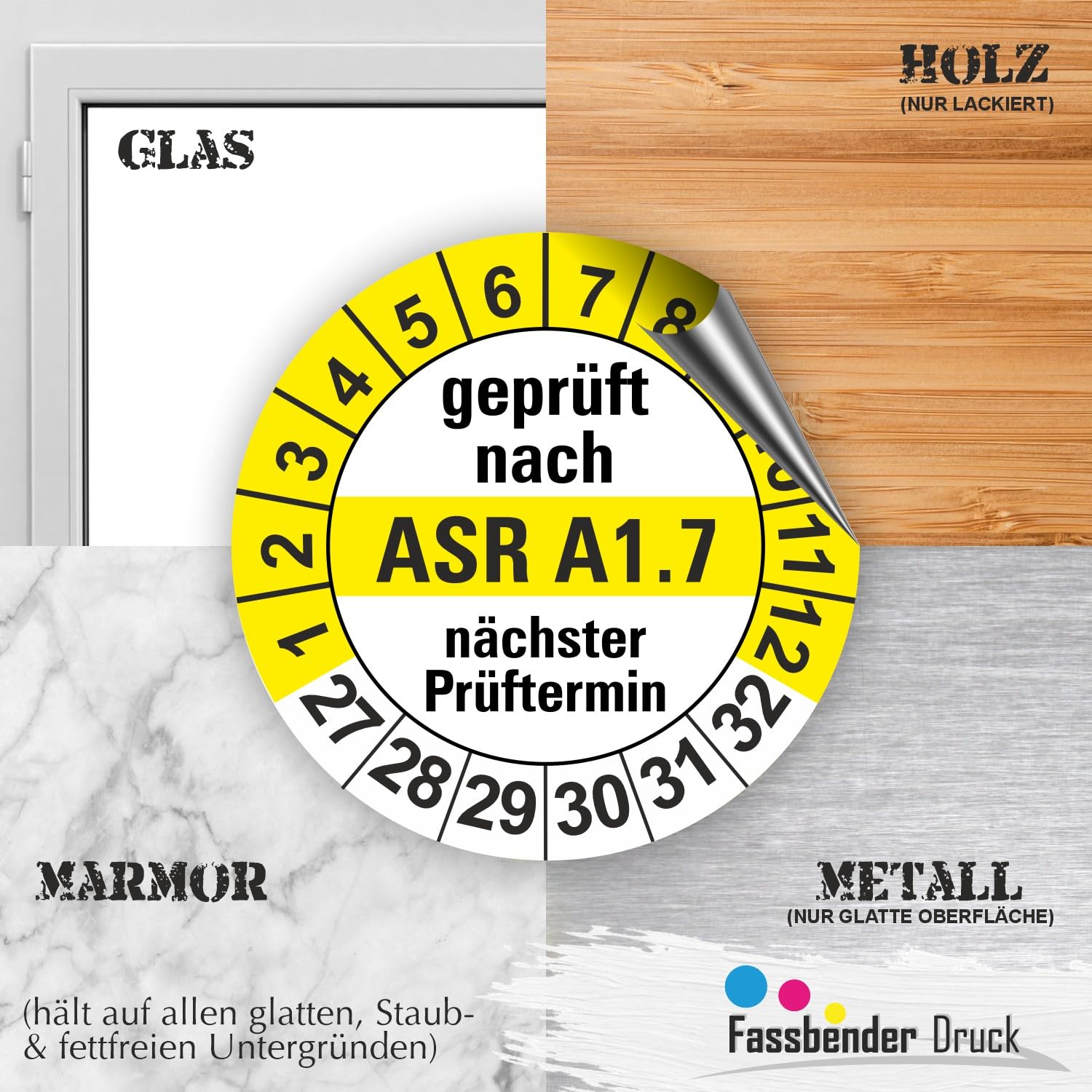 Hochwertige Prüfetiketten ASR A1.7 Prüfung Ø 20mm - Selbstklebende PVC-Folie - Wartungsetiketten für Prüfung - Prüfplakette für Prüfungsnachweis (1000 Stück)
