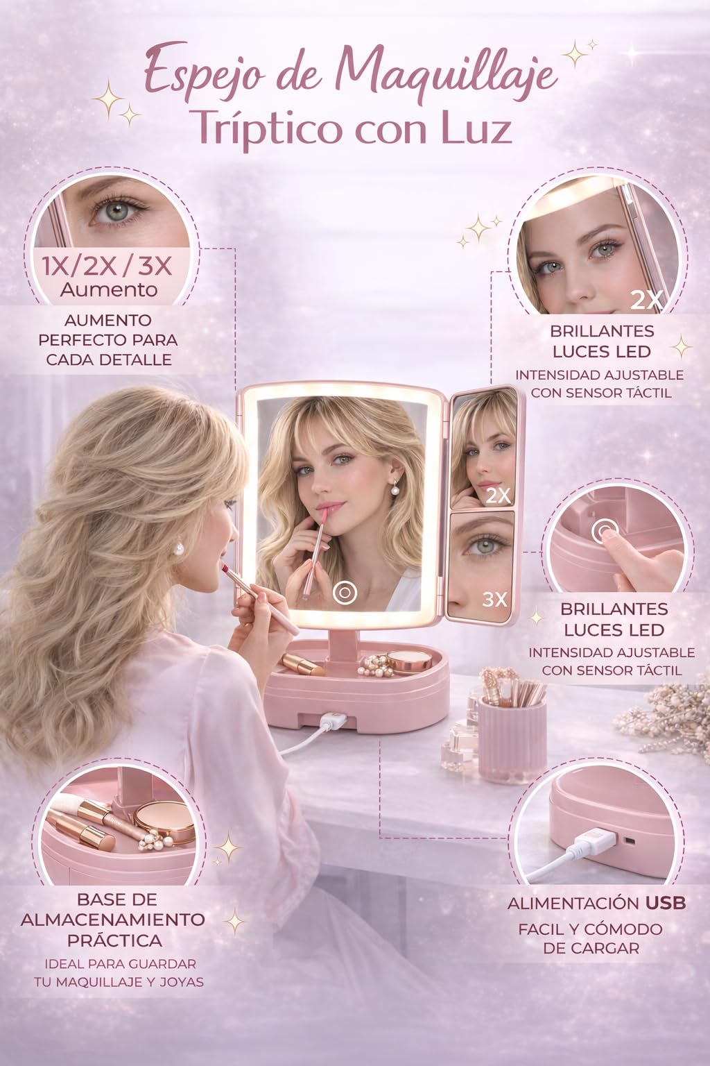 Alambique Lustro do makijażu z oświetleniem LED w 3 odcieniach i powiększeniu x 1 x 2 i x3, podwójne składane i dotykowe, w zestawie bateria i kabel USB, idealny prezent dla kobiet i mężczyzn (różowy)