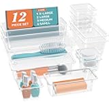 12 PCS Drawer Organizer Set, 4 Sizes Storage Drawer Units, Clear Plastic Makeup Vanity Organizer and Storage Bins for Makeup, Stationeries, Multiple Gadgets for Bathroom, Office, Bedroom