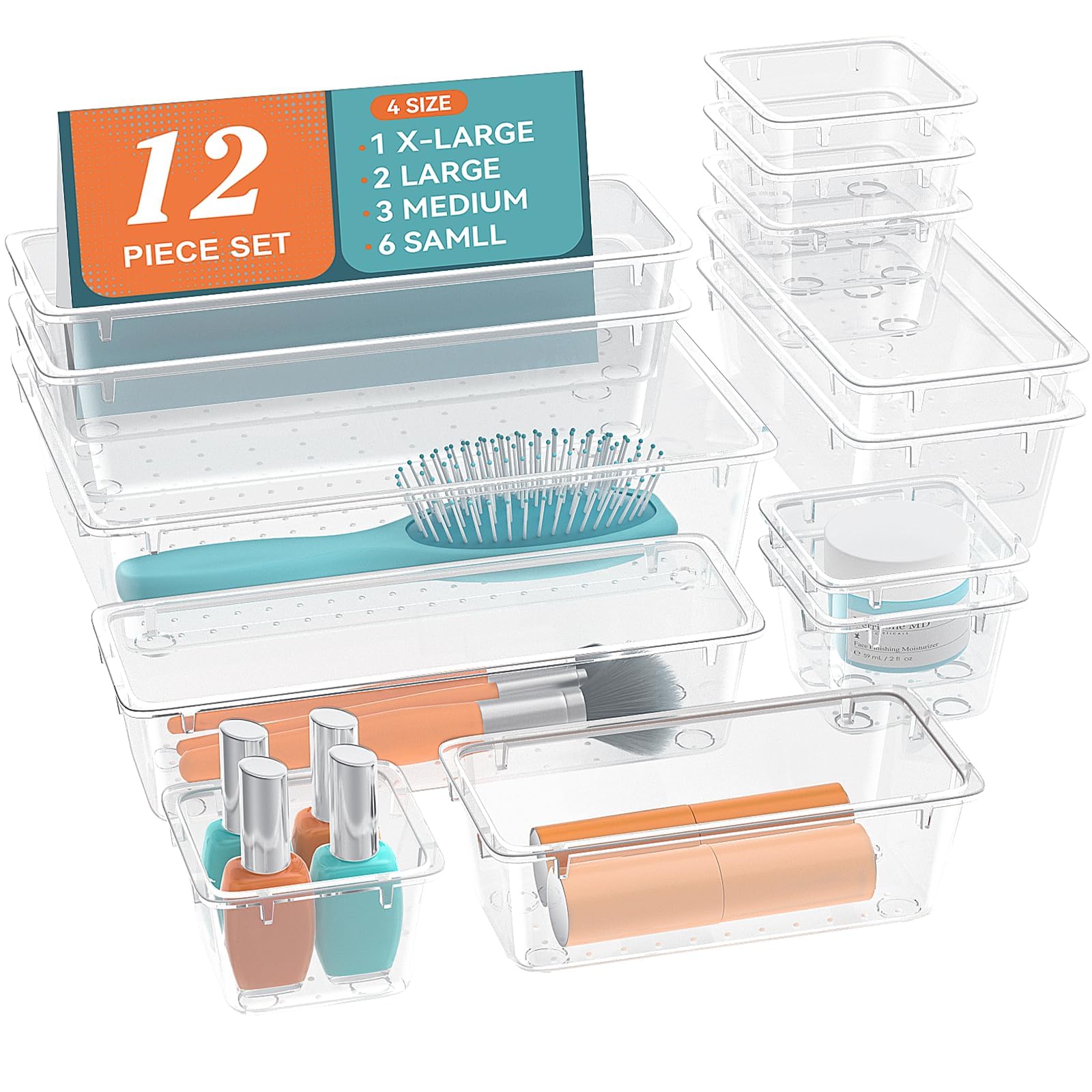 12 PCS Drawer Organizer Set, 4 Sizes Tool Storage Trays, Clear Plastic Makeup Vanity Organizer and Storage Bins for Makeup, Stationeries, Multiple Gadgets for Bathroom, Office, Bedroom