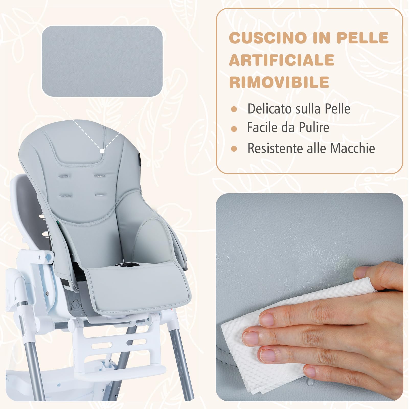 COSTWAY Seggiolone Pappa Portatile, con Altezza Regolabile, Schienale Reclinabile e Vassoio Rimovibile, Seggiolone Evolutivo Pieghevole con Cintura e 2 Ruote, per Bambini 6-36 Mesi (Grigio Chiaro)