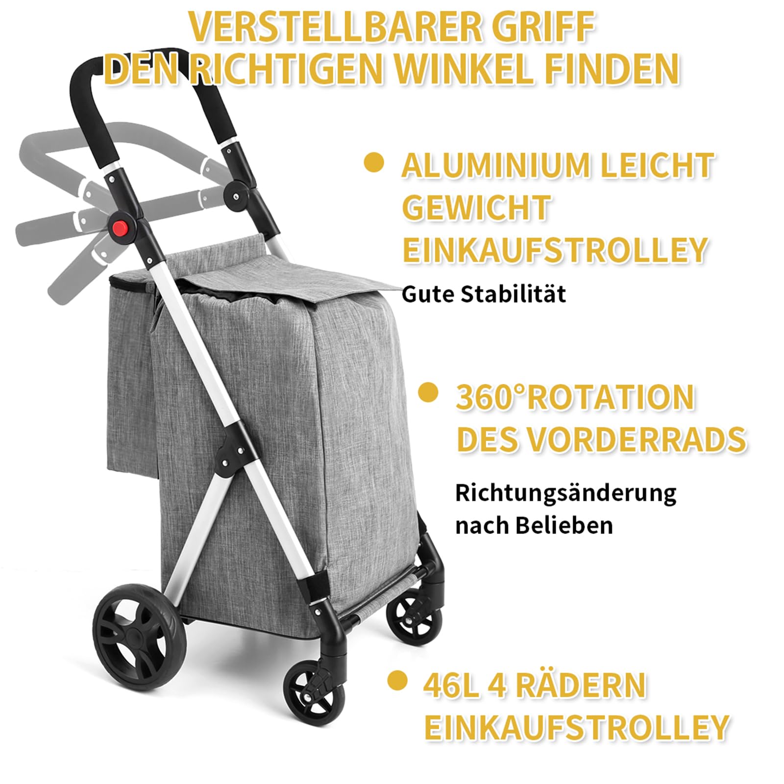 Einkaufstrolley, 46L Trolly Einkaufswagen Klappbar, 4 Rädern Aluminium Leichtgewicht Einkaufstrolley, mit Isolierter Kühltasche, Stabil und Leicht zu Verstauen Einkaufswagen (grau)