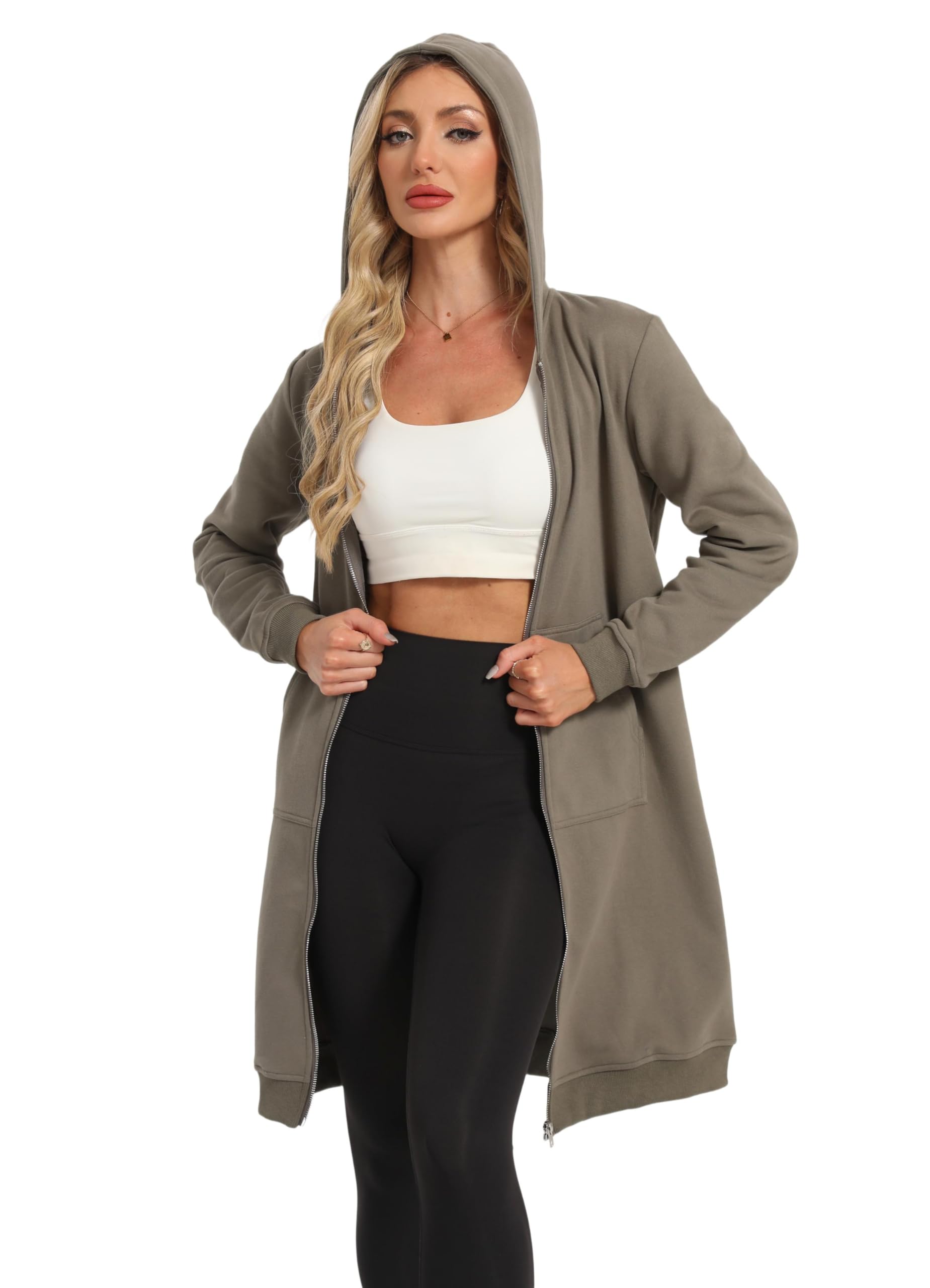 Timuspo Damen Lange Kapuzenjacke Weich und Locker Sweatjacke Einfarbig Zipper Hoodie Oversized Warm Sweatshirt Jacke Kapuzenpullover mit Taschen