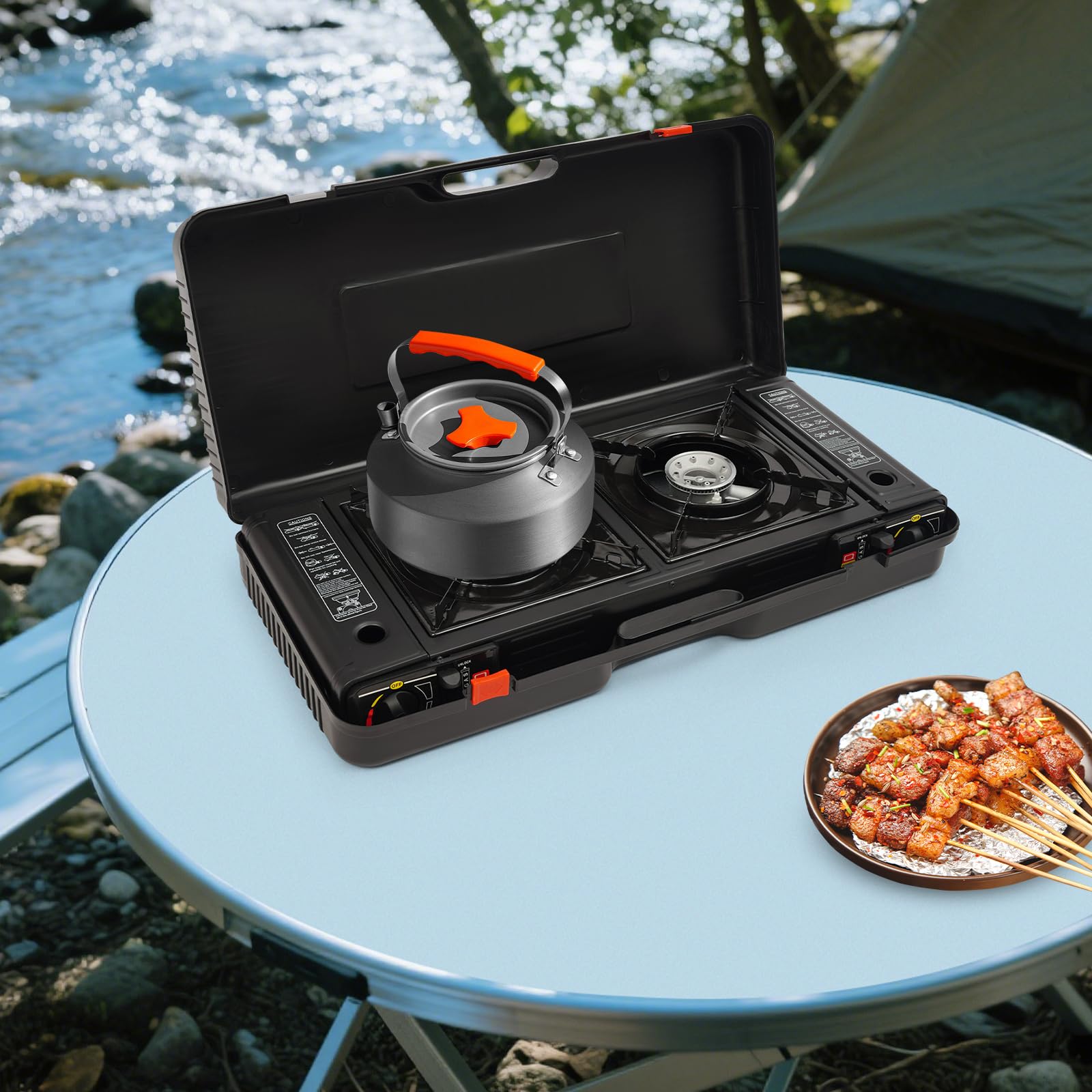 Fornello portatile da campeggio, 2500 W, a gas a 2 fuochi, con teglia, borsa per il trasporto, fornello a gas a doppio gas, per campeggio, viaggi, escursioni, picnic, barbecue