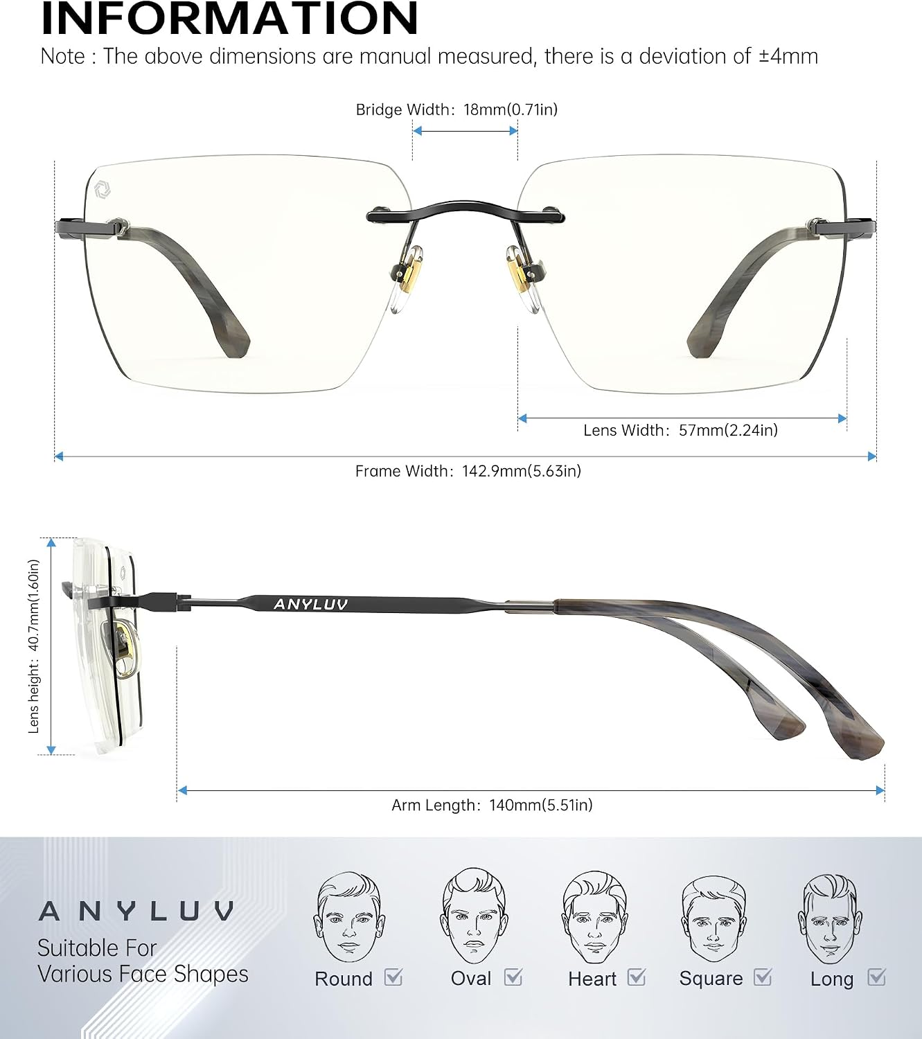 ANYLUV Rimless Blue Light Glasses for Women/Men, Fashion Lightweight Blue Light Blocking Glasses with Stylish Metal Temples