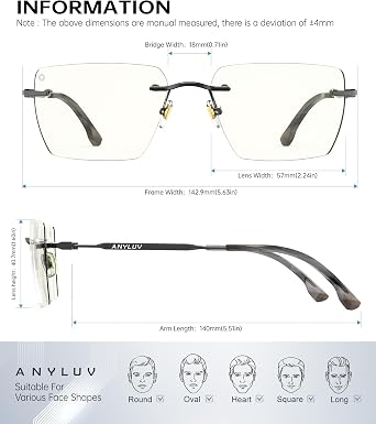 ANYLUV Rimless Blue Light Glasses for Women/Men, Fashion Lightweight Blue Light Blocking Glasses with Stylish Metal Temples