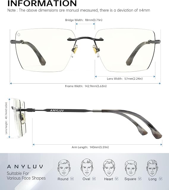ANYLUV Rimless Blue Light Glasses for Women/Men, Fashion Lightweight Blue Light Blocking Glasses with Stylish Metal Temples