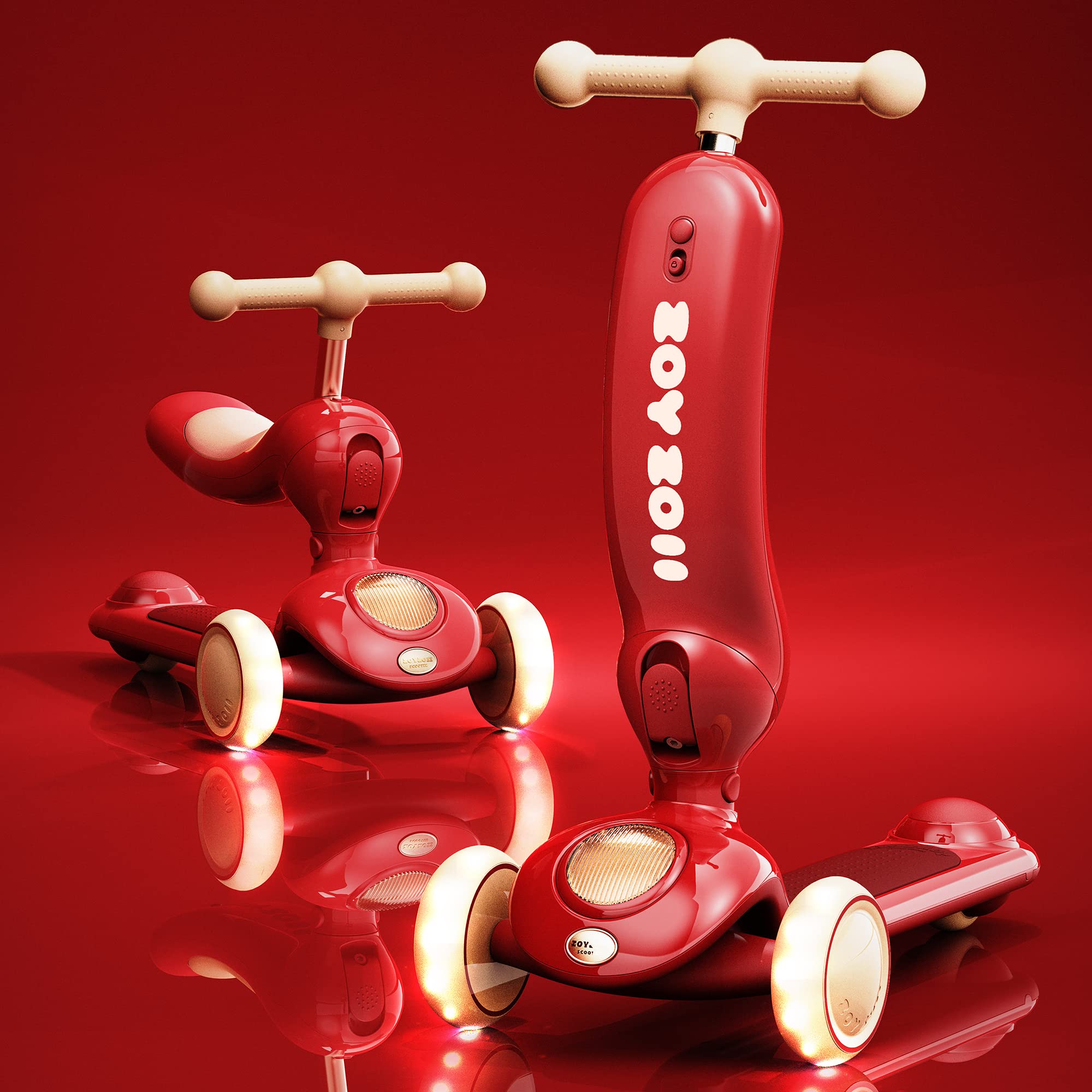 2-in-1 Kick Scooter for Kids, 3 LED Light Wheels Toddler Scooter Adjustable Height Handlebars and Removable Seat, Riding Toys for Boys & Girls Aged 1-5