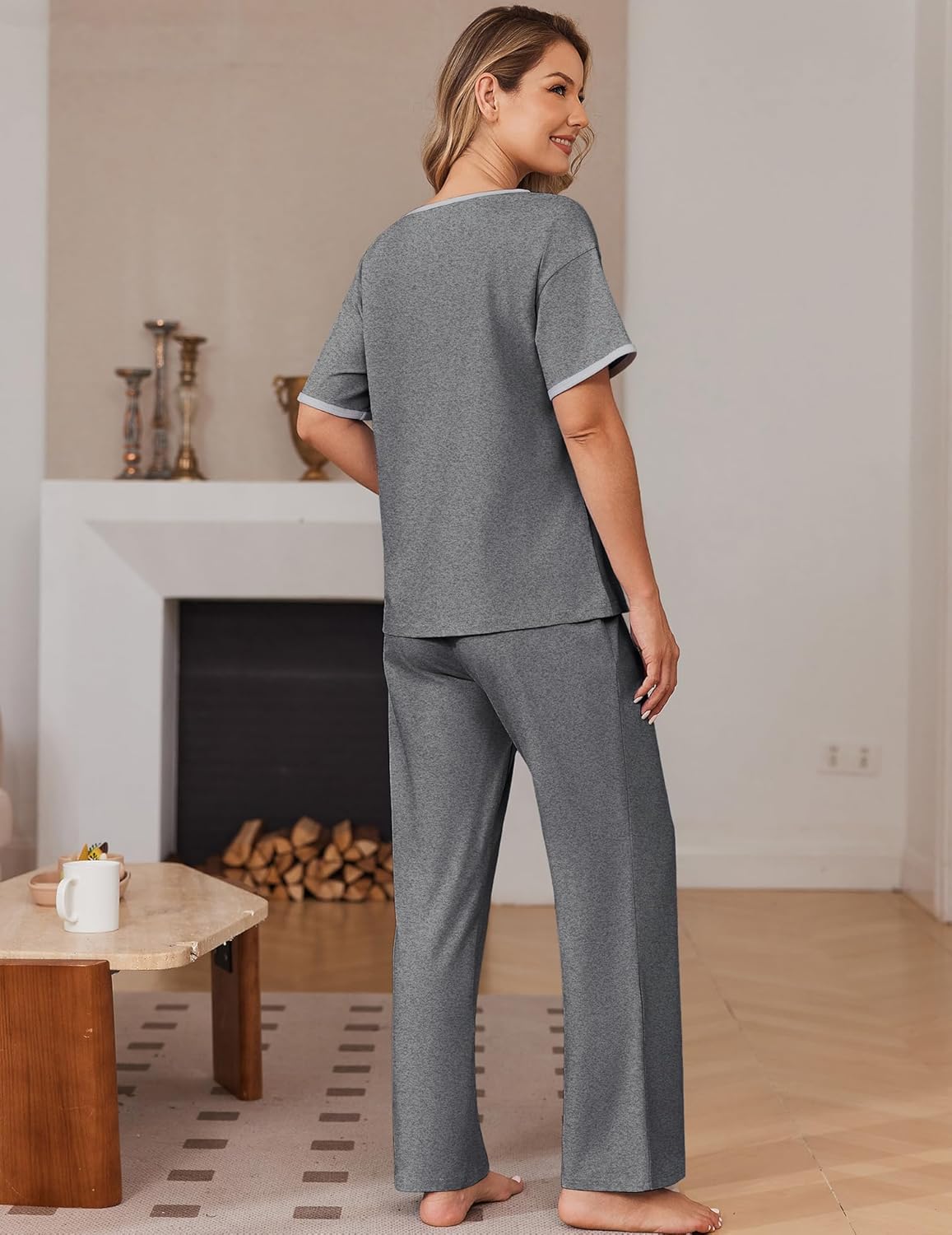 Ekouaer 100% Cotton Pajama for Women Short Sleeve Pj Top With Long Pants 2 Piece Lounge Set with Pocket - Image 6