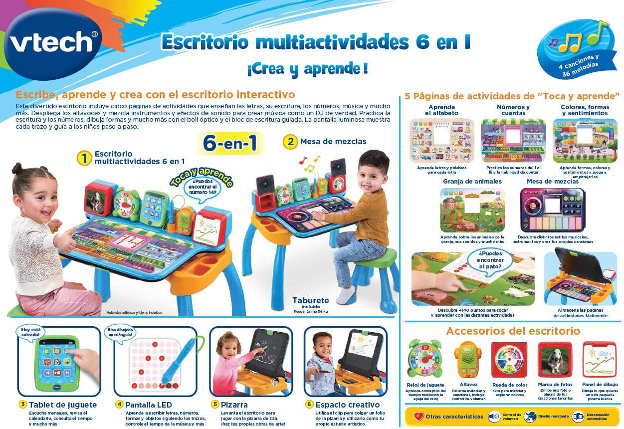 VTech - Escritorio Multiactividades 6 en 1 ¡CREA y Aprende! Centro Educativo Interactivo, Juguete Niños +3 Años, Pizarra, Música, Bloc de Notas, Tablet y Taburete, Letras, Números, Versión ESP