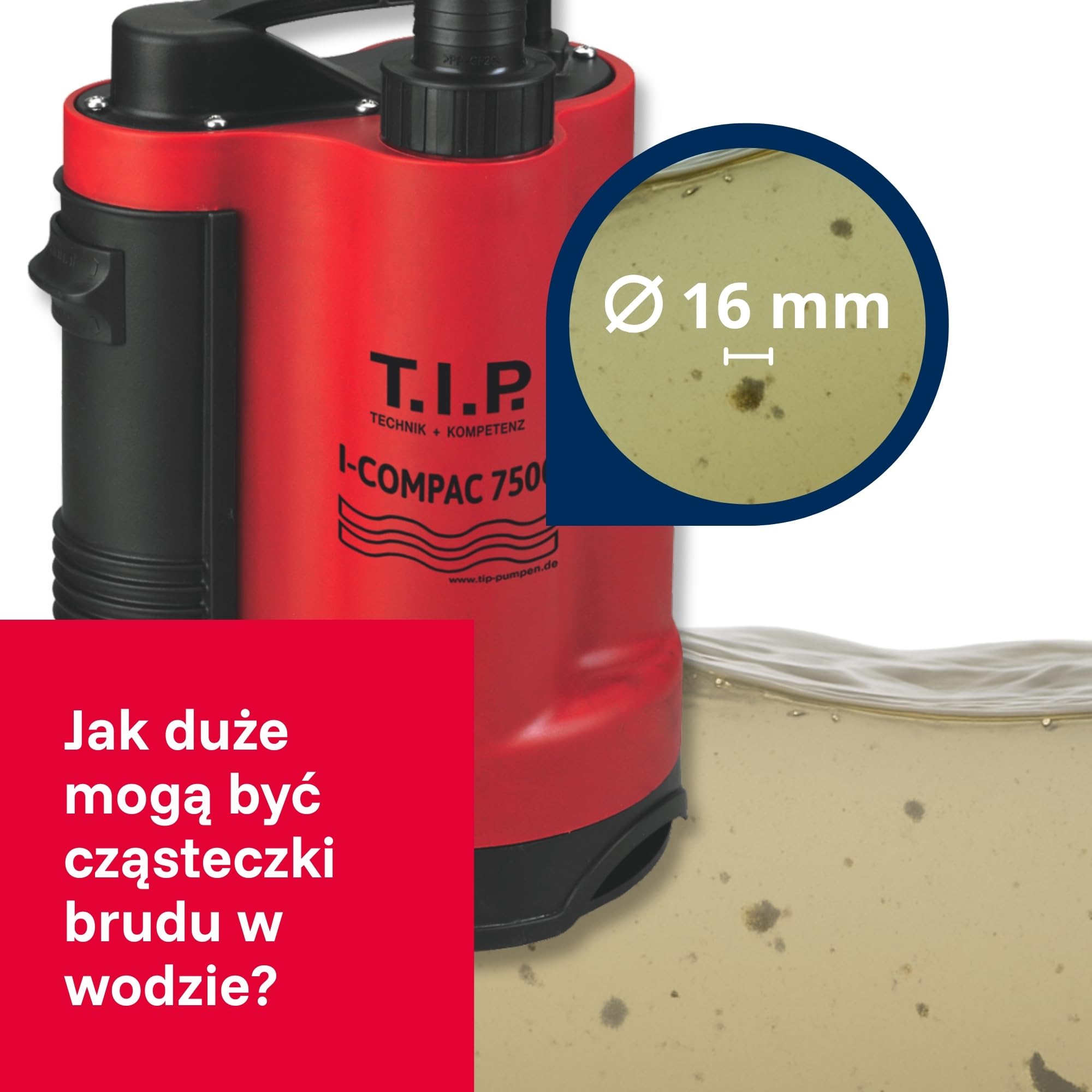 T.I.P. Zanurzeniowa Pompa Drenażowa I-Compac 7500 z Wyłącznikiem Pływakowym do Brudnej Wody 400W Tworzywo Sztuczne Czerwona, 30190