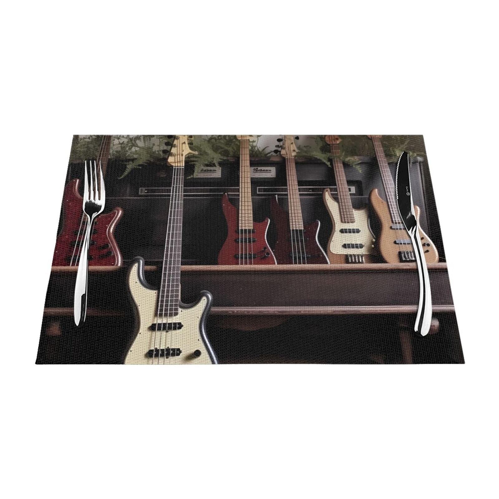 Guitar Bass Music Musical Instruments Placemats Set of 1 - Woven Vinyl Kitchen Table Placemats - Heat Resistant Non-Slip Place Mats for Dining Table, Washable Indoor Outdoor Table Mats 12x18 Inch