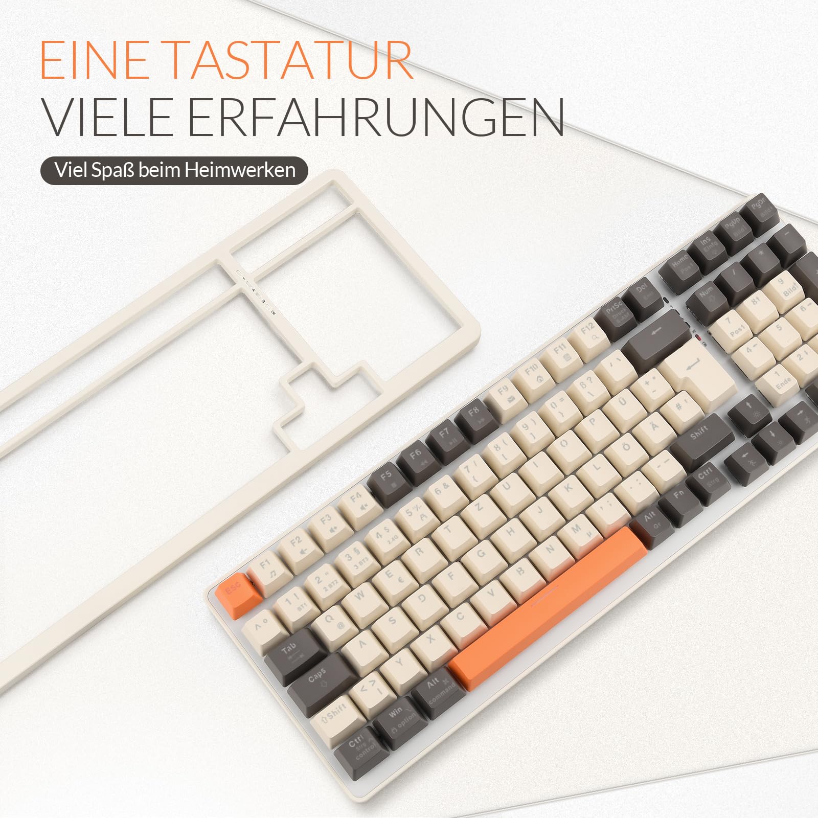 Rii Mechanische Tastatur Kabellos, Gaming Retro Tastatur Bluetooth, Tri-Modi Tastatur 75 Prozent mit QWERTZ, Beige-Grau-Orange dreifarbige Tastatur (BT5.0 + 2.4GHz + Kabel)