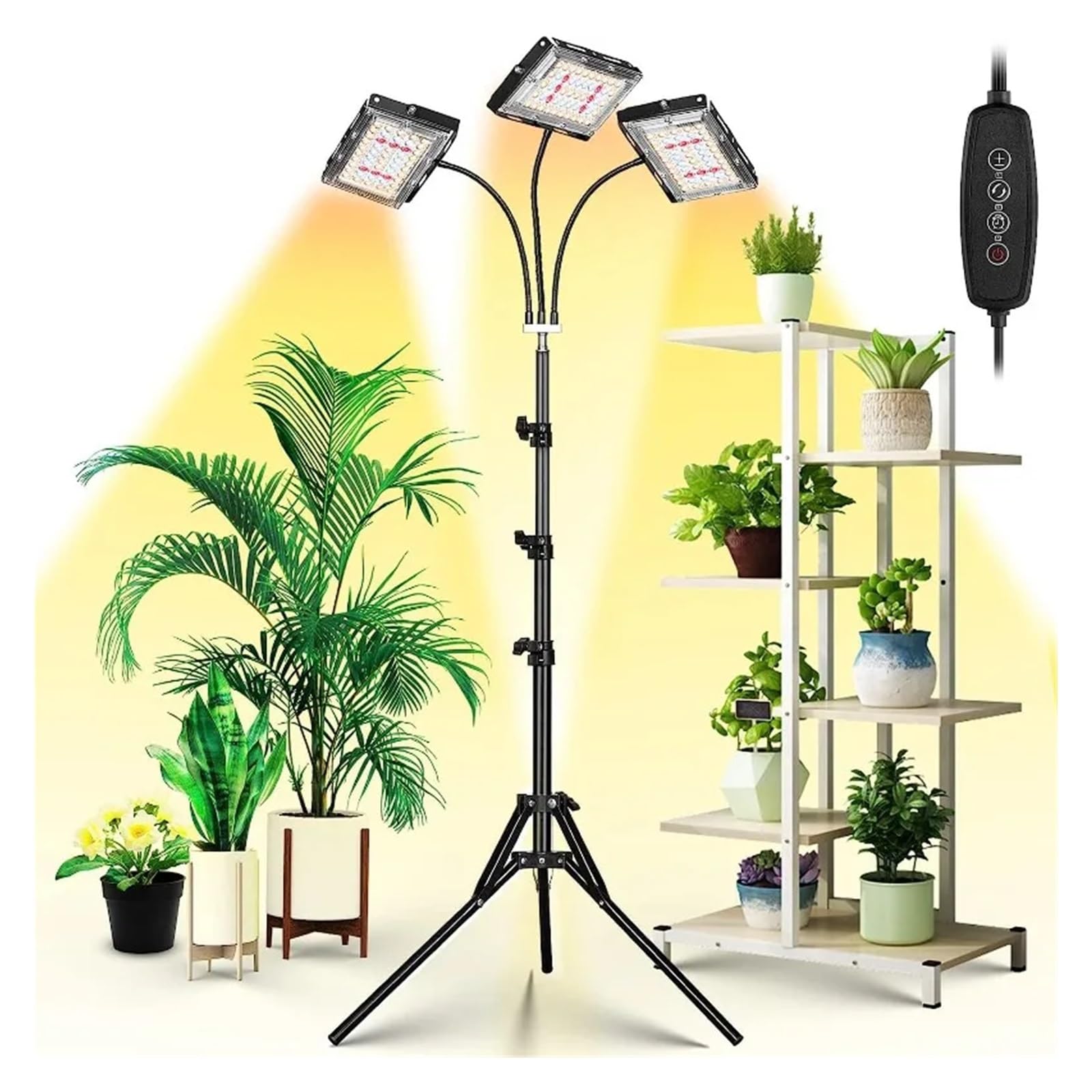Lámpara de Planta Luz de Cultivo con Soporte, luz LED de Tres Cabezales for Plantas de Interior, 150 LED de Espectro Completo, Temporizador de 3/6/12H, 6 Niveles Regulables,