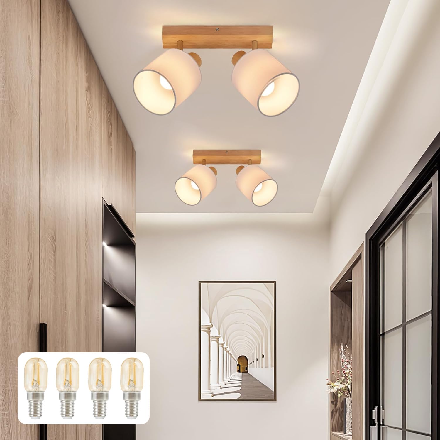 Glitzerlife Deckenleuchte 2 Flammig Deckenlampe Flur - 2er Deckenstrahler Vintage Holz Deckenspot Wandstrahler Schwenkbar 350° E14 MAX.25W lampe für Wohnzimmer Schlafzimmer Küche