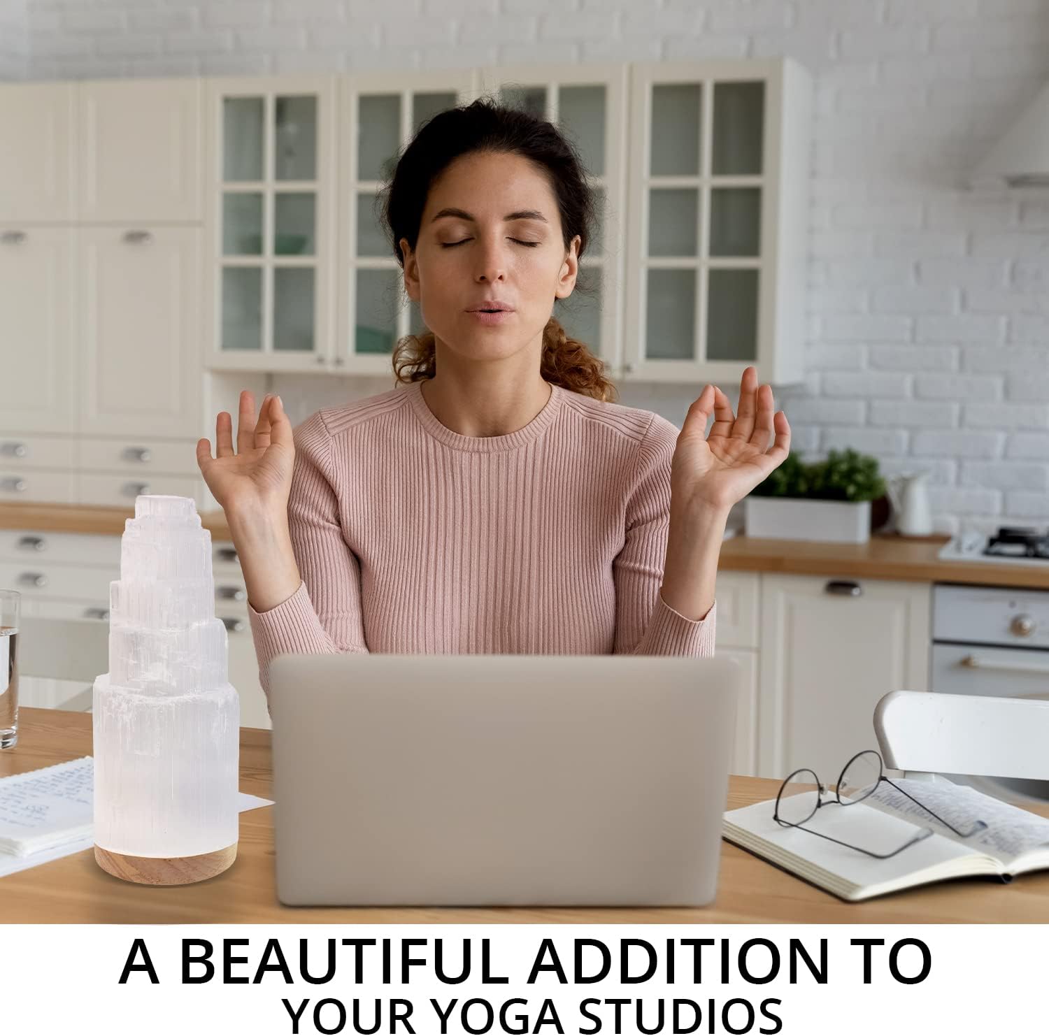 Selenite Crystal Lamp 25cm, Wooden Base Moroccan Meditation Tower Lamp Night Light, Spiritual Healing Crystals for Bedroom Decor (ETL Certified)