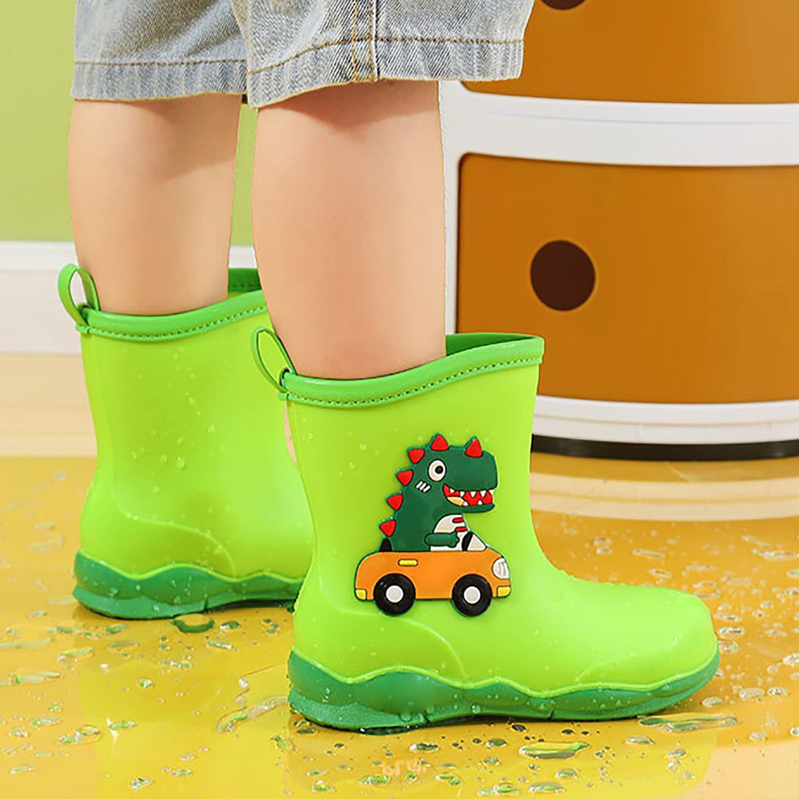 Kids Cartoon Dinosaur Printed Rain Shoes Shoes Outdoor Slip Boots Non Slip Rain PVC Children's Snow Boots for Teen Boys (Green, 9 Toddler)