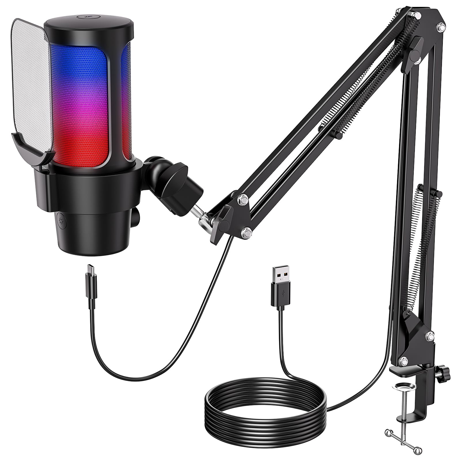 OBVHNUA - Micrófono de Condensador USB - Micrófono Streaming, RGB Microfono PC, Plug & Play PS 4&5, Filtro Anti-Pop, Silencio de Una Tecla para Podcast、Gaming、Youtube Mac&Windows (Negro-con Brazo)