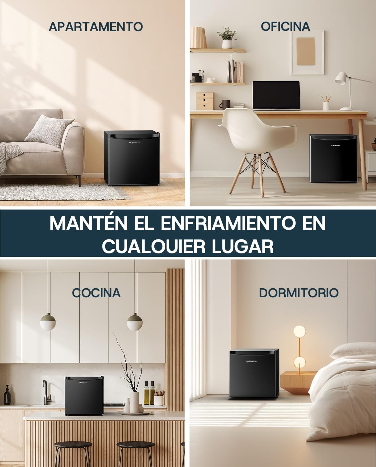 Upstreman 46L Mini Nevera con Congelador, 1℃-8℃ Termostato Ajustable, Ahorro de Energía, Silencioso, Minibar para Dormitorio, Oficina, Hotel, FR17- negro brillante