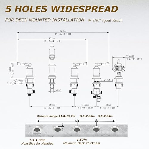 Miniatura 5 de Juego de grifo de bañera romano con ducha de mano, relleno de bañera de 5 agujeros para montaje en cubierta con desviador, válvula de 3 manijas de