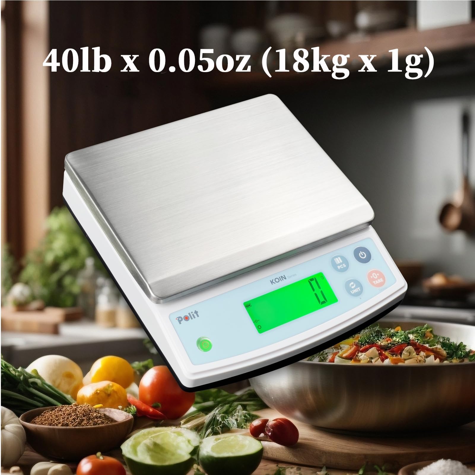 Polit KOIN Digitale Küchen- & Paketwaage 18 kg, wiederaufladbar, 1 g genau | Abnehmbare Edelstahlschale, Dreifarbige Anzeige, Tara-Funktion, 5 Wiegeeinheiten, Für Backen, Marktstand & Gewerbe