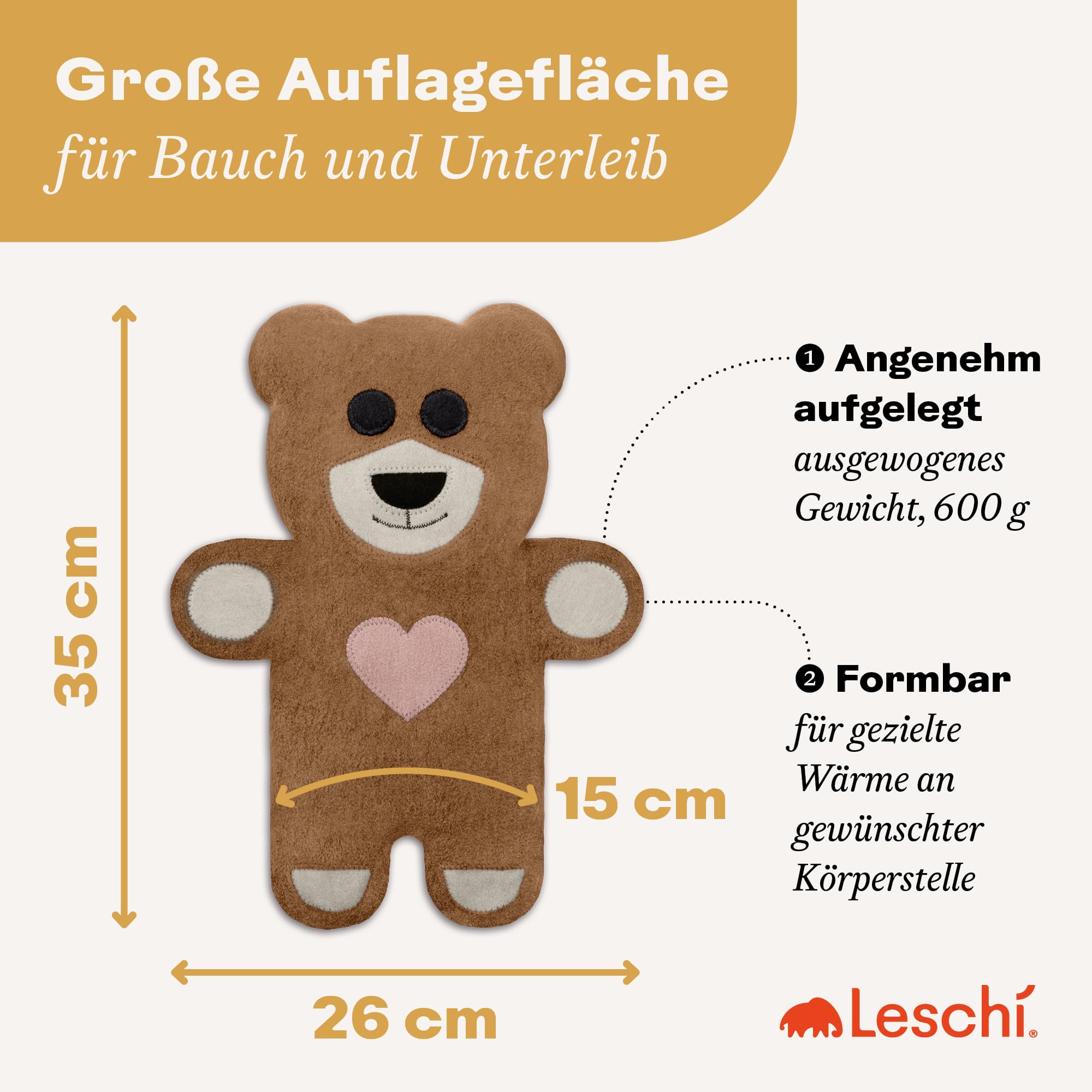 LESCHI 10 Kammer Körnerkissen - mikrowellengeeignetes Wärmekissen - ideal als natürliche Hilfe bei Bauch- und Regelschmerzen - aus natürlicher Bio Baumwolle & Bio Weizen - Bär Teddy, Braun mit Herz
