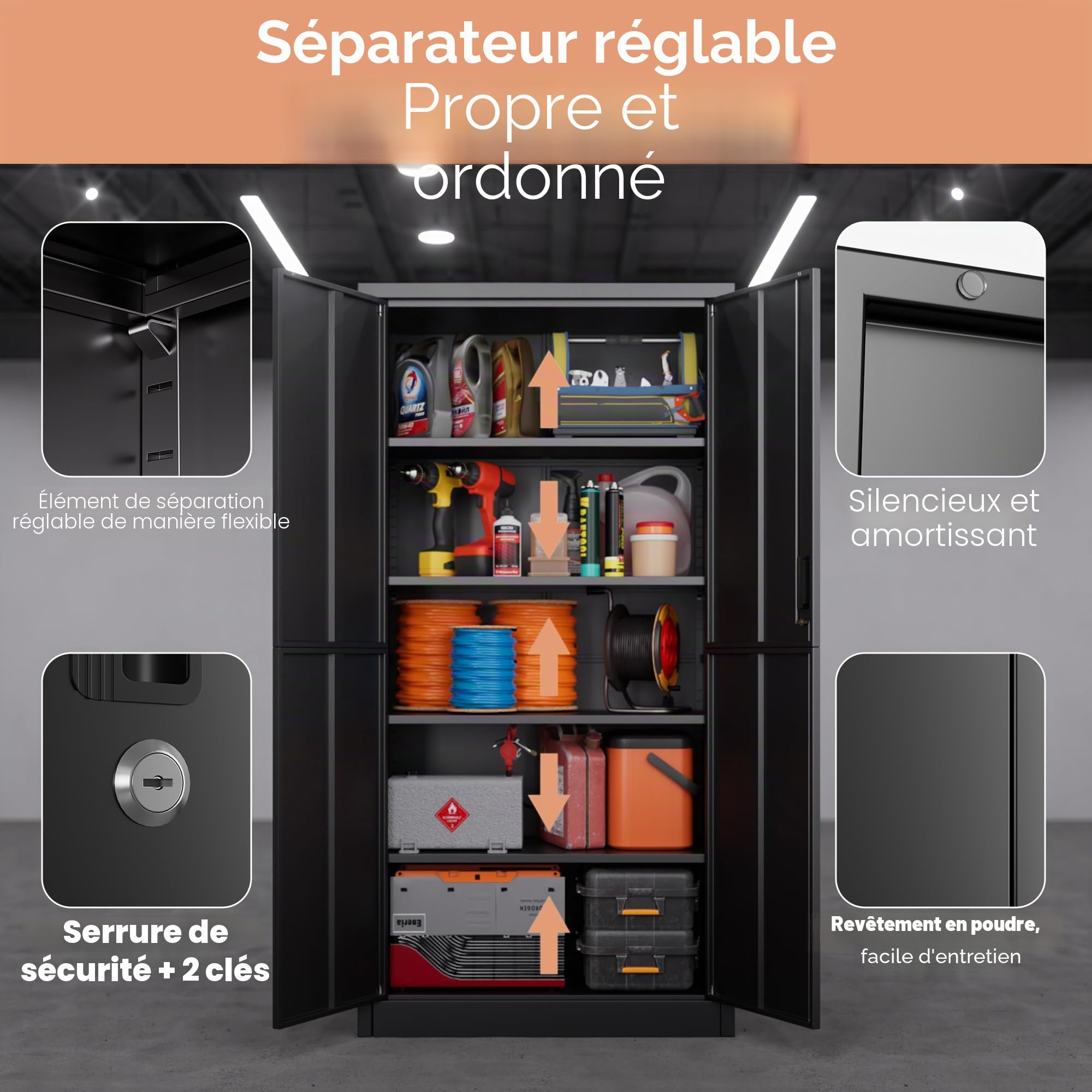 Armoire de rangement multi-usages en acier - Armoire de rangement verrouillable avec 2 portes - 180 x 80 x 40 cm - Armoire à outils - Étagères réglables - Pour garage, bureau, salon - Noir