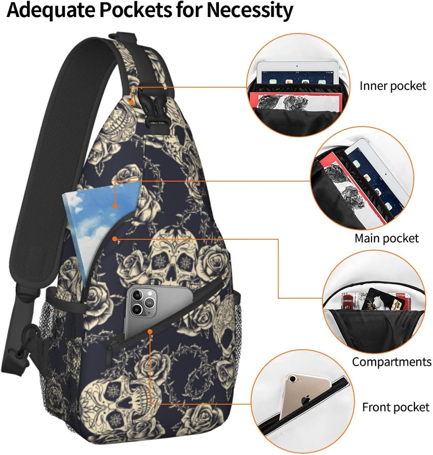 bassyil Skull Rose Sling Bag Crossbody Travel Hiking Chest Backpack Shoulder Daypack for Women Men - Image 5
