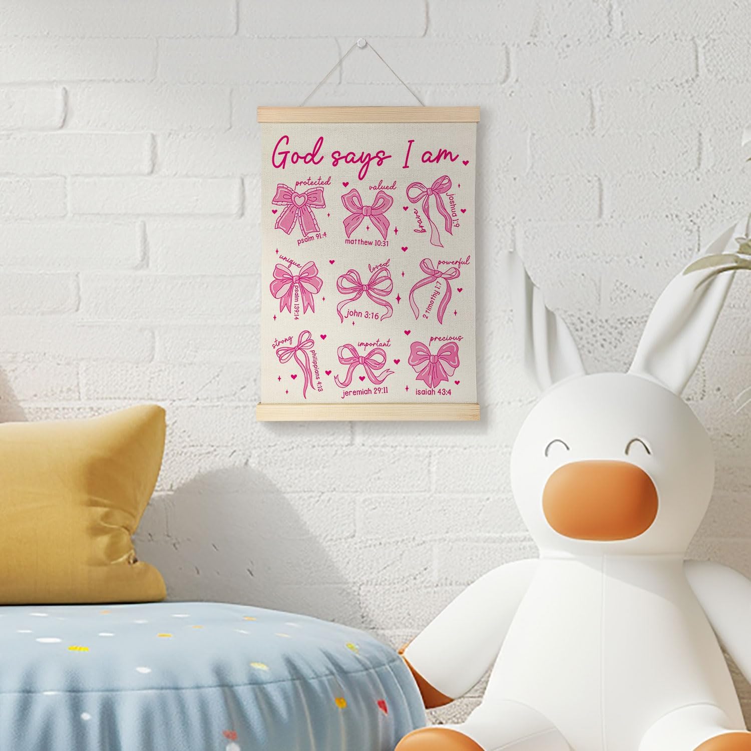 Nrleey God Says I Am Coquette Bow Wall Decor with Wooden Poster Hanger - Girls Room Decor, Pink Bow Inspirational Christian Wall Art Posters for Girls Bedroom Dorm Apartment, 12x16 Inch image 3